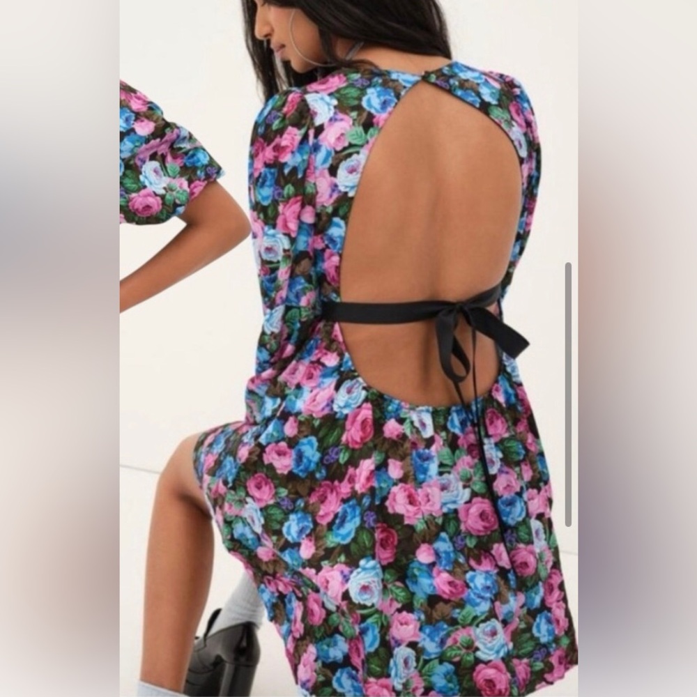 For Love & Lemons Floral Dress bow tie blue pink puff sleeve - Picture 5 of 6